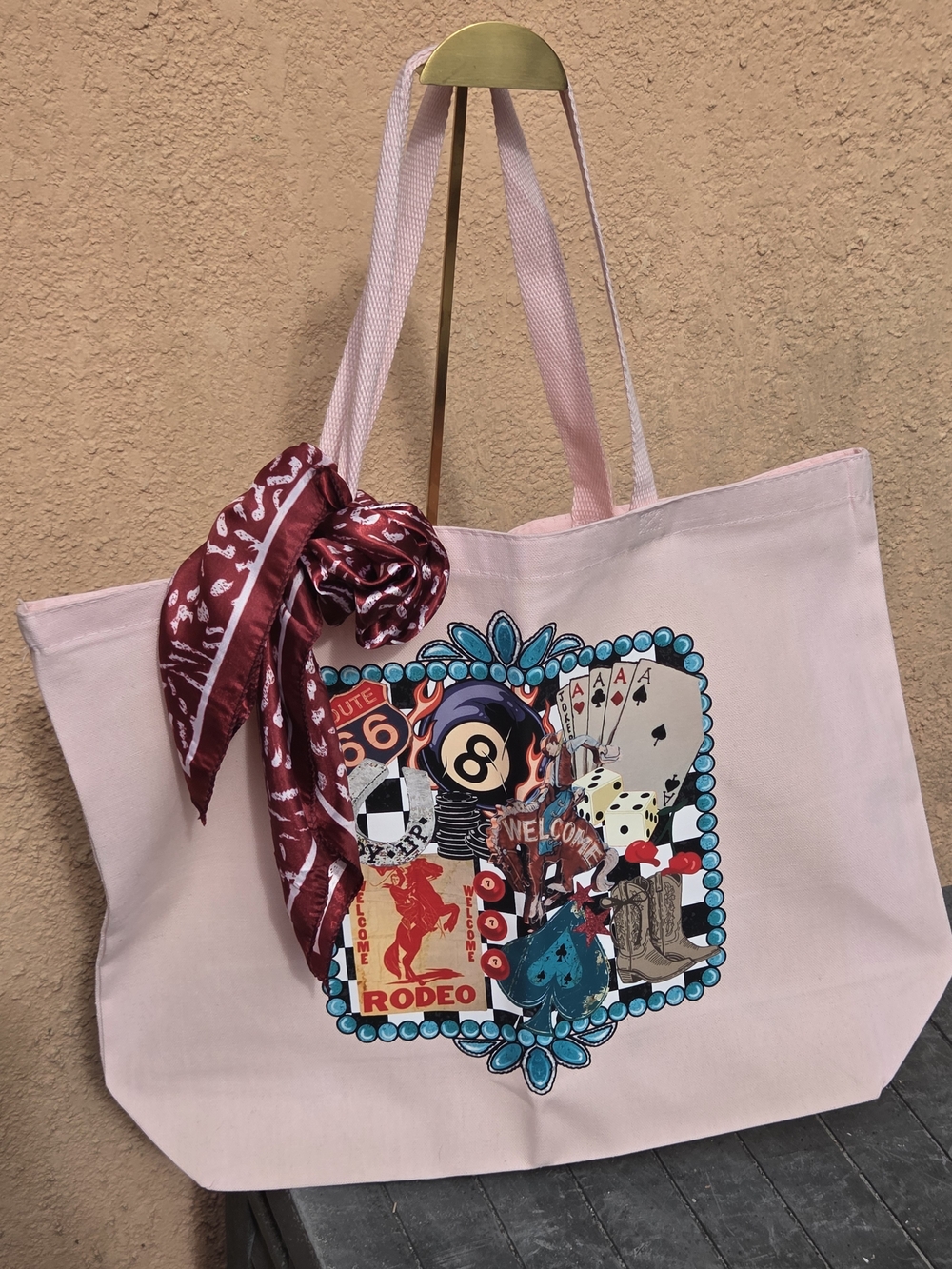 Stylish Pink Graphic Tote Bag with Maroon Scarf